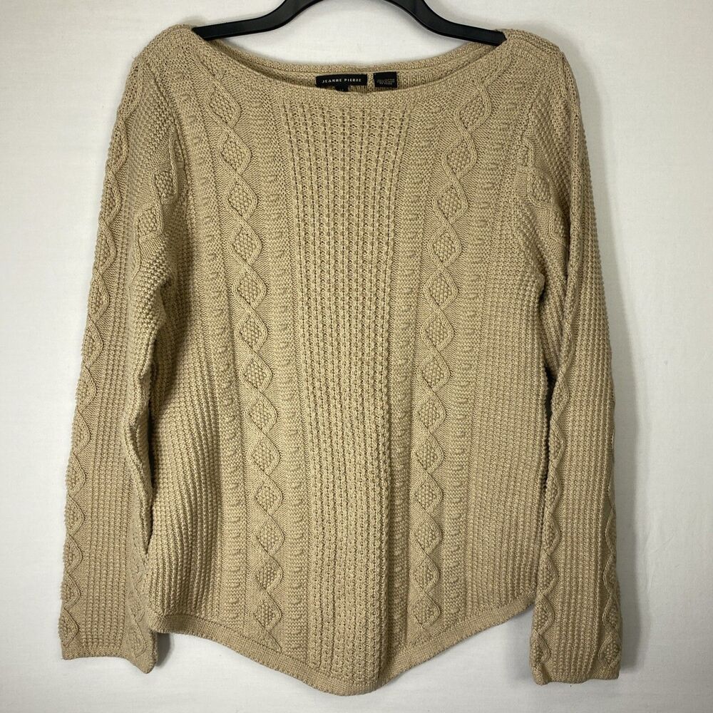 Jeanne Pierre Womens Size Medium Oatmeal Cream Cable Knit Crew Neck Sweater